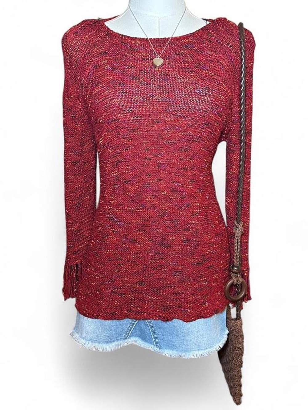 Coldwater Creek Maroon Speckled Sweater Fringe Sleeves Boho Festival Western
